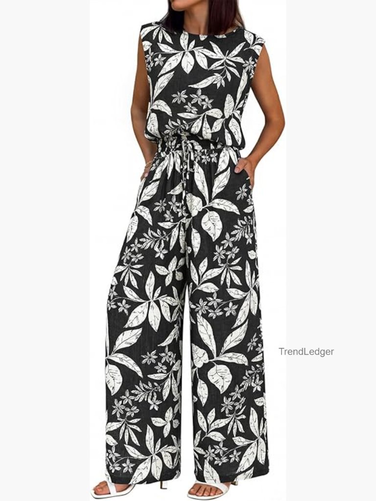 Summer 2 Piece Lounge Set Sleeveless Top Wide Leg Pants Tracksuit